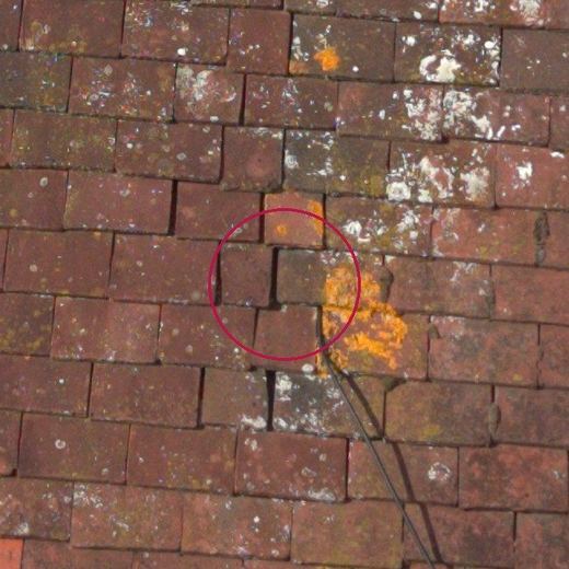 Close-up of a gap between tiles where a solar panel cable comes out, circled