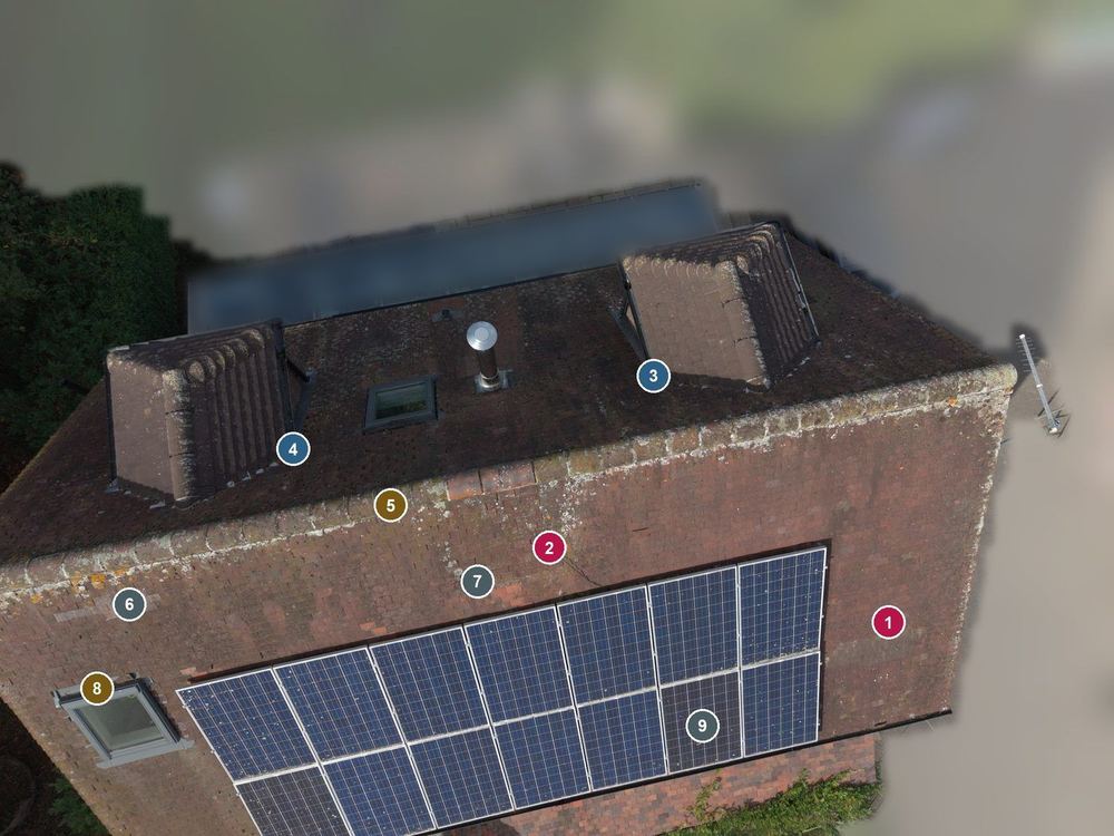 The whole roof from above, with numbered pins on each thing found: two open gaps, the dormer joins, worn mortar, old repairs, a roof window and the solar panels